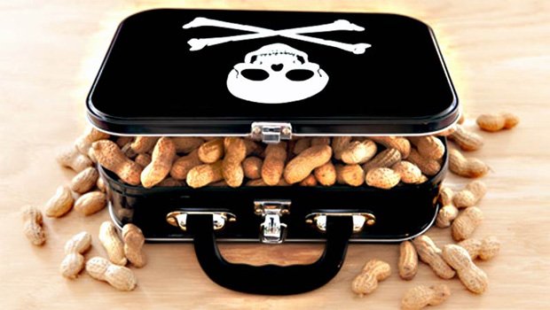 На полу лежит черный чемодан с изображением черепа с арахисом